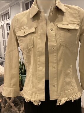 Fringed Hem Cream Jean Jacket